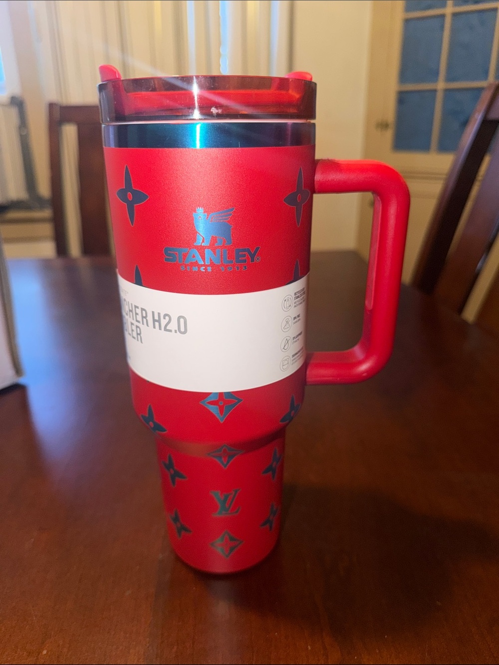 Stanley Red Travel Tumbler with Handle and Pattern
